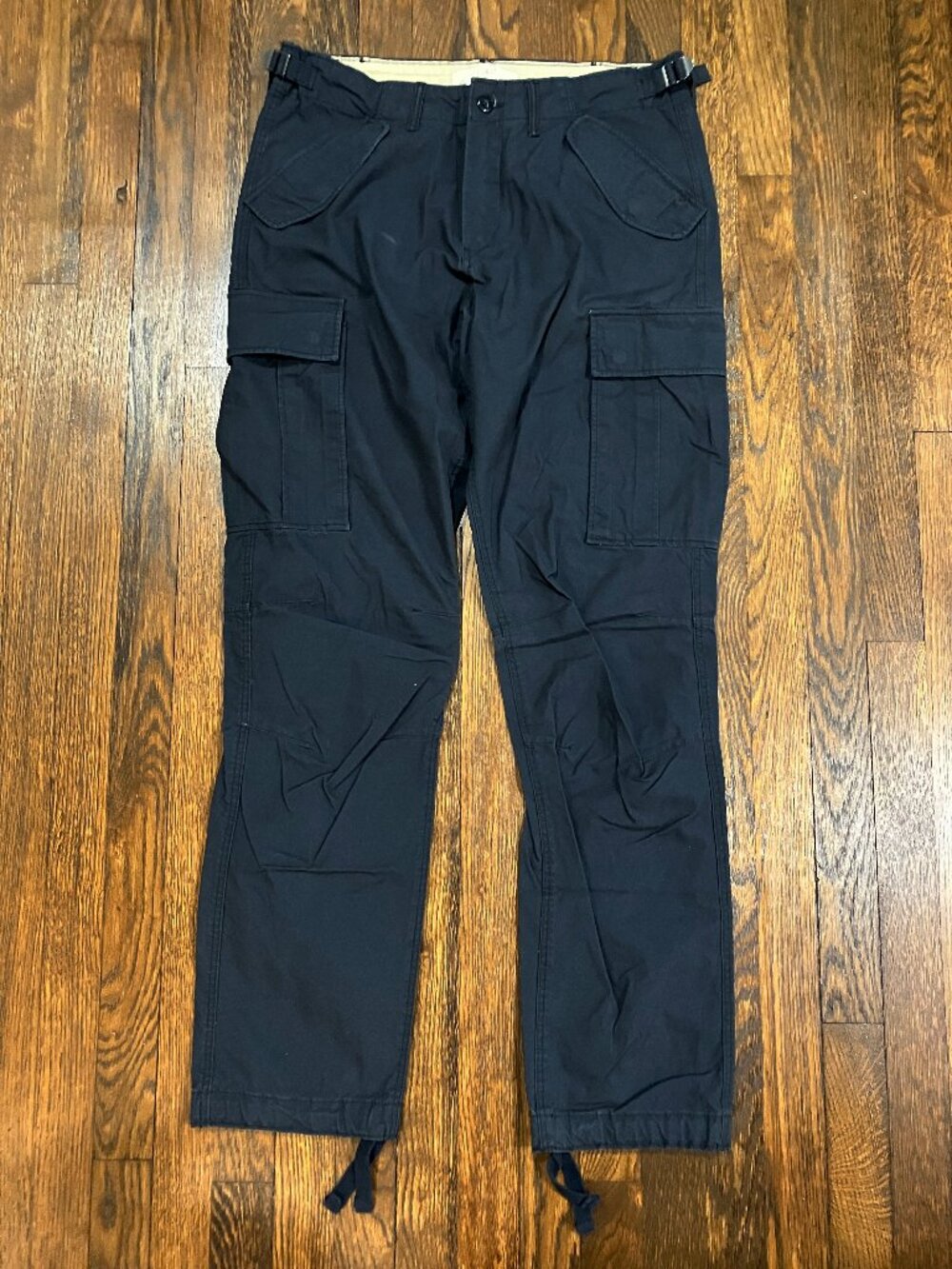 H&M L.O.G.G. Men’s Navy Blue Cargo Pants Cotton Twill Straight Flat Front 33w